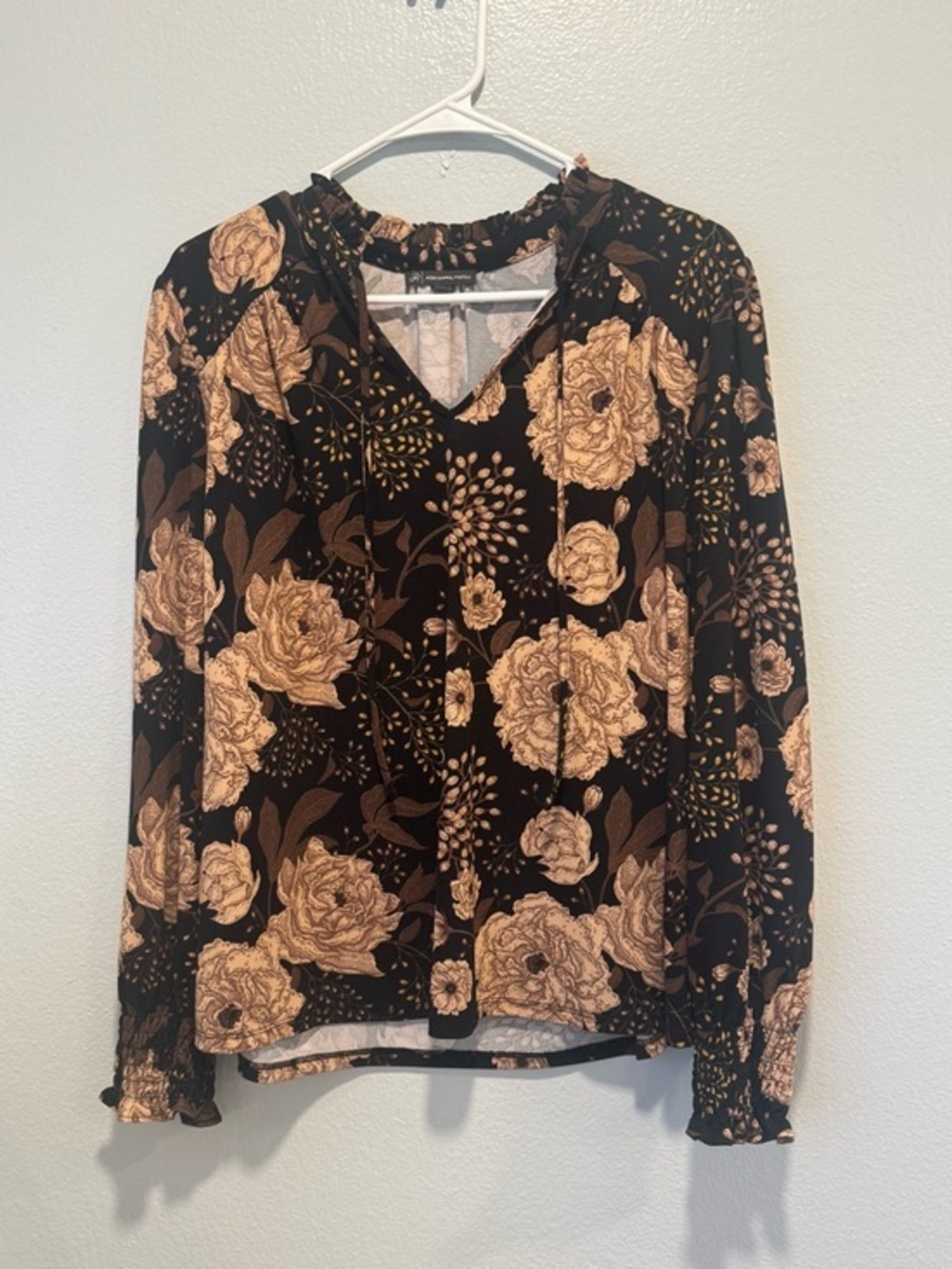 Adrianna Papell Brown Black Floral Long-Sleeve  Top Large